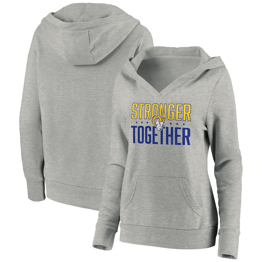 Women's Los Angeles Rams Heather Gray Stronger Together Crossover Neck Pullover Hoodie(Run Small)